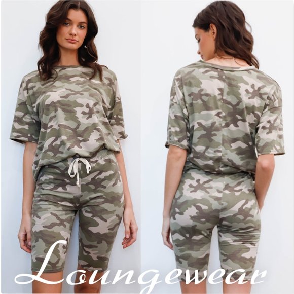Camo Print Short T-Shirt & Biker Shorts 2 piece Set - Picture 2 of 8